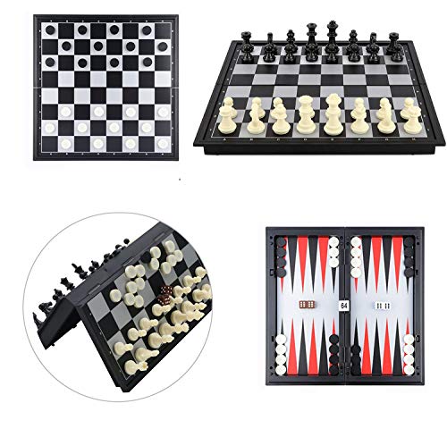 Checkers Chess Backgammon Set 3-in-1 Game Set for Kids and Adults,Magnetic Travel Chess Set with Folding Board Travel Educational Board Games,10\" x 10\" - Thumbnail 3
