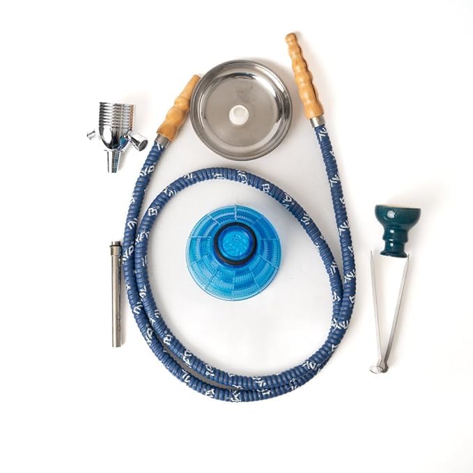 Image of AL-Sheesh Mya Petite Glass Hookah | Designer Alumunium 9 inch Inch Glass, Iron Hookah Set Heavy Smoke | Perfect for Party (Blue)