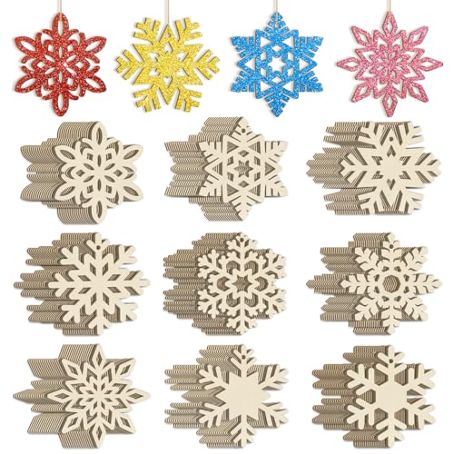 36PCS Hollow Wooden Snowflake Ornaments for Paint Christmas Tree Decorations 9 Styles Unfinished Wood Snowflakes for Crafts DIY Blank Cutouts Ornament Winter New Year Hanging Decorations