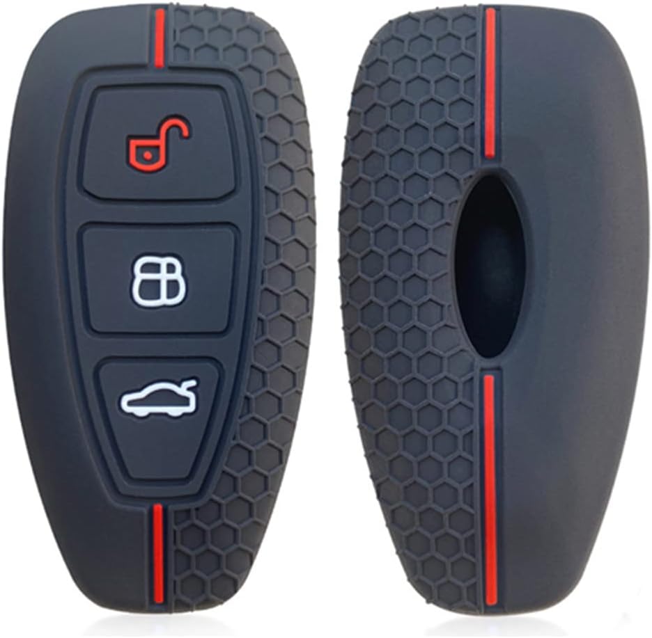 OTMIK Silicone Car Key Cover Case Compatible with Ford Focus Kuga accessories Soft Car Key Shell 3 Buttons (Black Red Line)