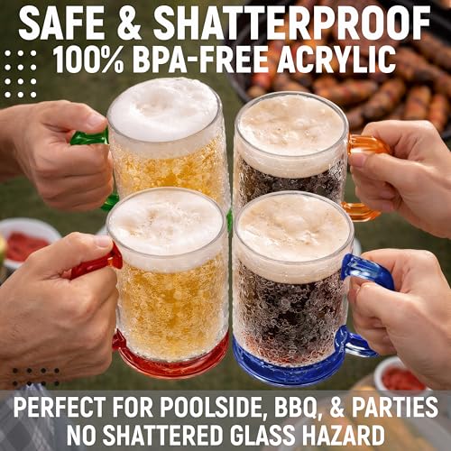 Image of Granatan Beer Mugs for Freezer (Set of 4), 16oz Double Walled Glasses, Frozen Cooling Cups with Color-Coded Handles, Break-Resistant Acrylic Frosty Insulated Beer Mug for Dad, Men, Pool Parties & BBQ