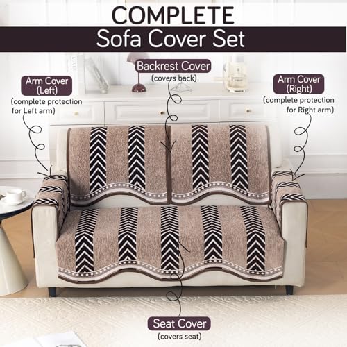 Image of HOKIPO Complete (Seat+Back+Arm) Sofa Mat Set for 2 Seater Sofa |Premium Chenille Sofa Covers with Curve Edges, 'Serene Curves Series' - Nomad Chevron (IN-995+1002+1001 * 2 - D5)