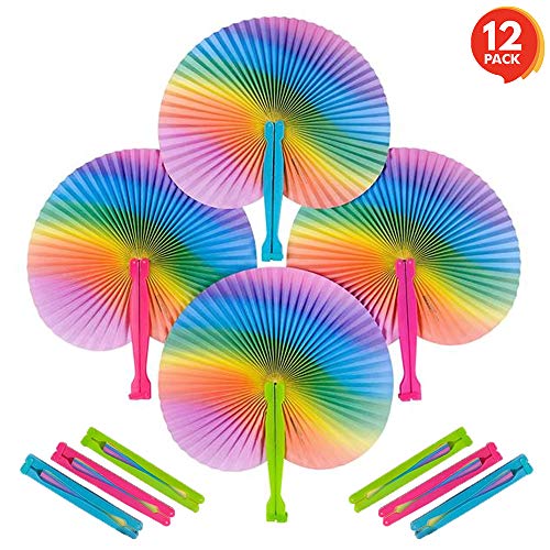 ArtCreativity Rainbow Folding Fans Set - Pack of 12 - With Plastic Shafts