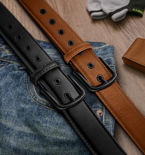 Image of BULLIANT Men Belt 2Pack-Leather Belt 7Holes Comfortable For Men's Dress Casual Jeans 1 3 /8 inch