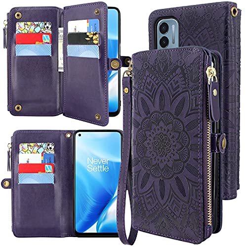Harryshell [10 Card Slots] with [Block Theft Card Scanning] Function, PU Leather Wallet Case Cover Zipper Pocket Wrist Strap Kickstand for OnePlus Nord N200 5G (Flower Purple)
