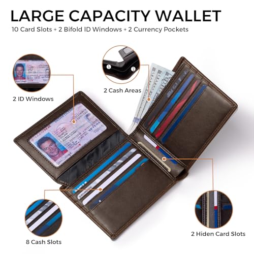 Image of RUNBOX Wallet for Men Leather RFID Blocking Bifold Front Pocket Wallet | Genuine Leather,Slim,12 Card Slots,2 ID Windows,2 Money Pockets, Gift for Men,Compact Travel Business Passport