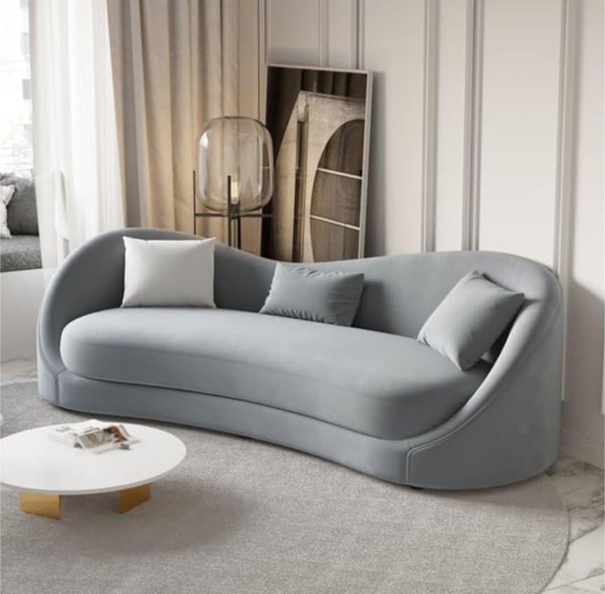 Image of Stylish Velvet Curved Modern Style Low Height 3 Seater Sofa with 3 Pillows (Grey)