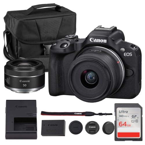 Canon EOS R50 Mirrorless Camera with 18-45mm & 50mm Double Lens Bundle | For Photography & Video | 24.2MP APS-C Mirrorless Camera | 4K Video | Dual Pixel CMOS AF + 64GB Memory Card + Camera Bag