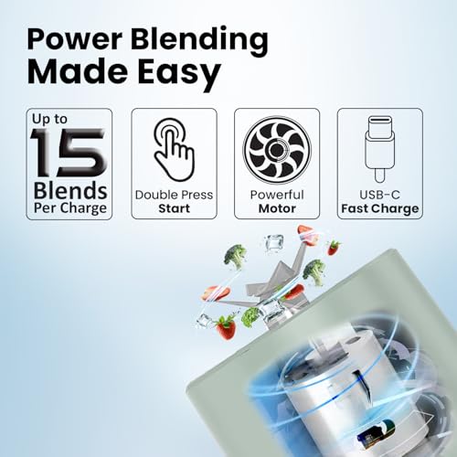 Image of QUIX Portable Mini Blender 500ml for Smoothies Cold Coffee & Juices | USB-C Rechargeable Juicer Mixer Grinder with 230W Motor Ice Crushing & 4000mAh Battery | BPA Free | Sage Green