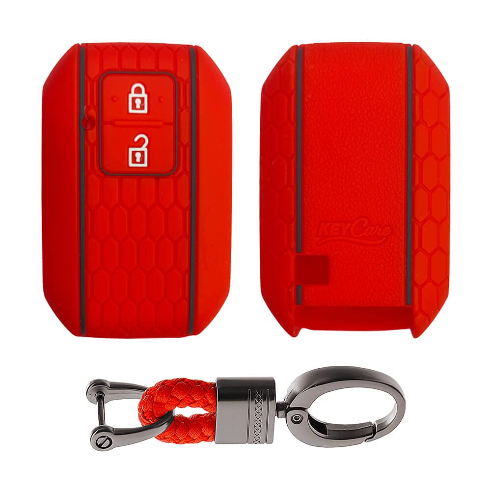 Keycare Silicone Key Cover and Keychain Compatible for Glanza, Urban Cruiser Taisor, Rumion, Urban Cruiser Hyryder 2 Button Smart Key (Red with Alloy Key Holder Red)