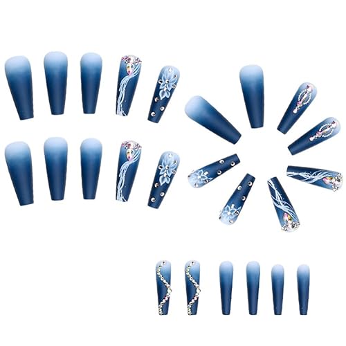 Miniatura 3 de 24 uñas acrílicas largas a presión, uñas postizas de camelia de lujo con diseños de gemas y diamantes de imitación, uñas artificiales a presión