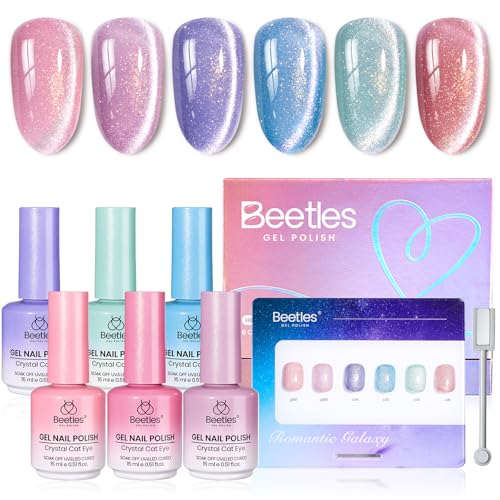 Image of Beetles Stardust Whisper Cat Eye Gel Polish Set - 6 Colors 15ML Full Size Spring Gel Polish Kit Glitter Cat Eye Pink Blue Purple Red Green Velvet Gel Magnet Soak Off UV French Nail Art Manicure Gifts