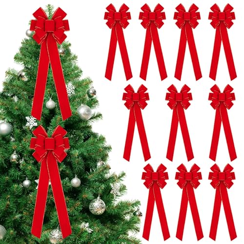 Fovths 12 Pieces Red Christmas Bows 30.7 x 10.6 Inches Large Velvet Christmas Wreath Bow with Glitter Gold Edge Christmas Tree Topper Ornament Bow for Christmas Home Indoor Outdoor Door Decor