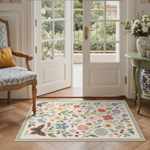 GENIMO 3x5 Outdoor Rug, Washable for Porch and Balcony, Cream Multi