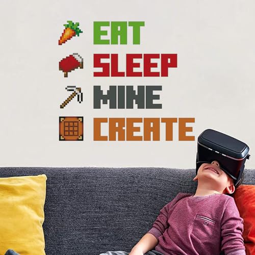 4PCS Eat Sleep Mine Create Quote Peel and Stick Wall Decal Wall Stickers for Bedroom Playroom Gamer Decor