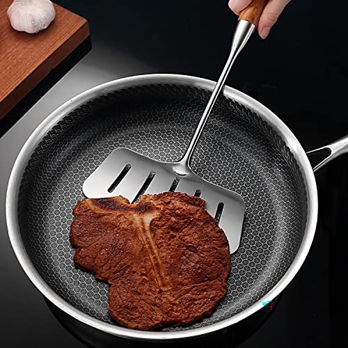 Najmechoy Fish Spatula Long Handle Stainless Steel Shovel Fried Fish Steak Cooking Tool Shovel Thick Wooden Handle Hollow Spatula Silver 7 Inch Wide Head #TOP2
