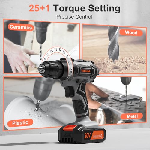 Image of Cordless Drill Set, 20V Power Drill with Power Pack 2.0Ah and Charger, 3 /8-Inch Keyless Chuck Electric drill, 25+1 Position, 42pcs Drilldriver Bits /Screws for DIY Projects (Black Grey)