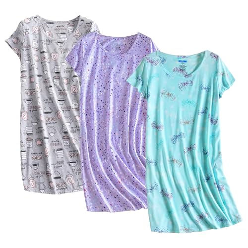 Image of PNAEONG 3 Pack Women's Cotton Nightgown Short Sleeve Shirt Print Sleepdress