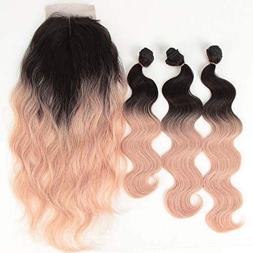 DÉBUT 3 synthetic hair bundles with 1 hand-tied lace front closure 18 20 22 inches 260g Human Hair Similar weave Body Wave Heat Resistant ombre Black Grey pink