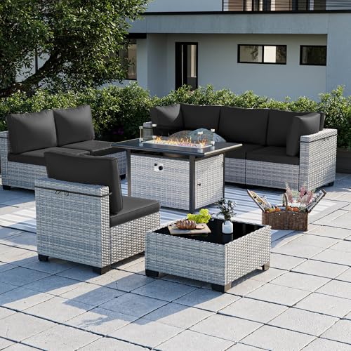 Image of Outdoor PE Wicker Rattan Modular Patio Sectional Sofa Set | 8-Piece: 6 Modular Seats, Coffee Table & 55,000 BTU Fire Pit Table, Black