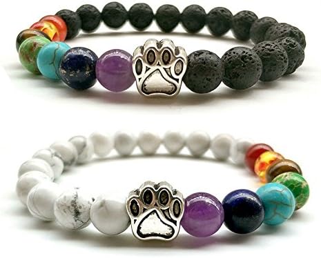 Natural Stone 7 Chakra Dog Paw Charm Lava Rock Mala Beads Elastic Bracelet Yoga Meditation Healing Bangle