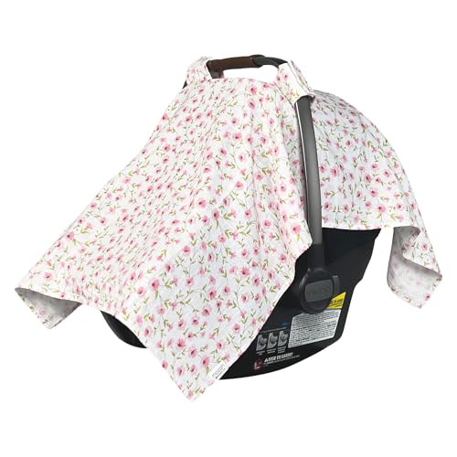Image of MOZAH Baby Car Seat Cover - Pink Floral Leaves - 100% Organic Muslin - Soft, Breathable and Lightweight, Baby Infant Car Seat Essentials