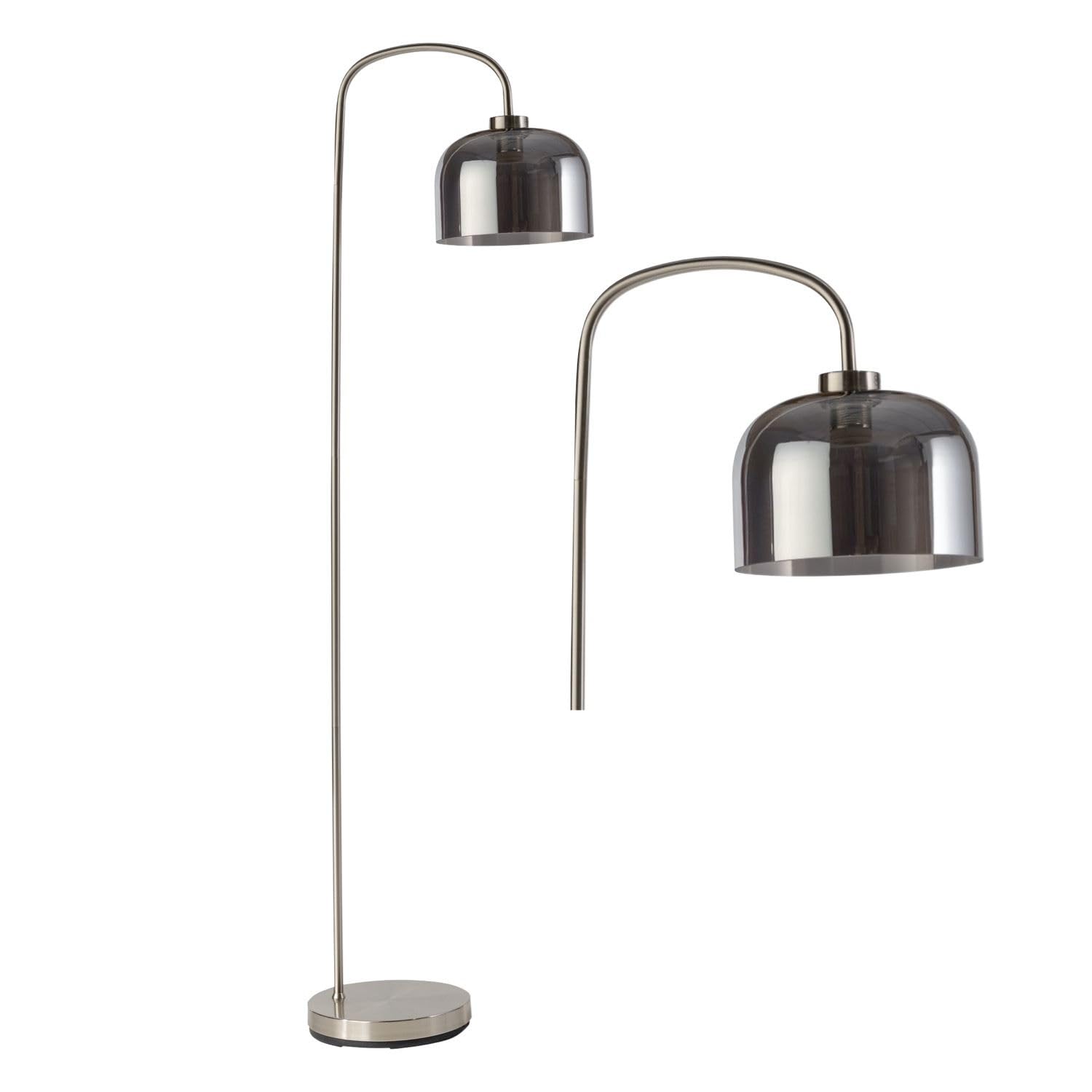 firstchoicelighting Modern Arched Floor Lamp, Satin Nickel Arched Standing Light with Smoke Glass Shade, Height 149cm
