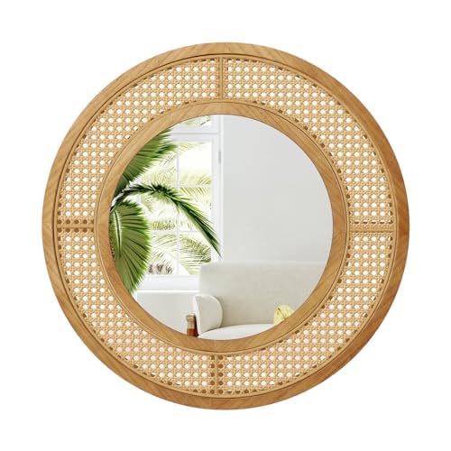 FANTASK Espejo de Pared Redondo de ratán, diámetro 65 cm, Espejo Decorativo con Marco de Madera, Cristal de Aluminio y Ganchos, Espejo Decorativo para Pared