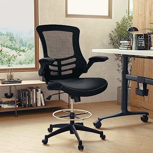 Flash Furniture Kelista Mid-Back Swivel Office Chair with Adjustable LeatherSoft Seat Height, Ergonomic Mesh Chair with Flip-Up Arms, Black by Flash Furniture - Image 2