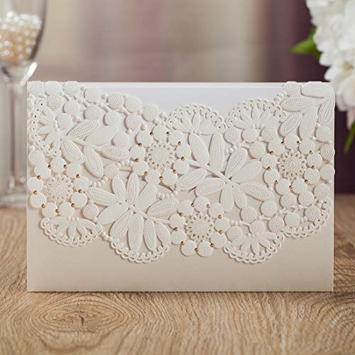 WISHMADE 50 White Laser Cut Wedding Invitations Cards Kits, Blank Printable Invites with Envelops for Engagement Party Birthday Bridal Shower Baby Shower CW8075