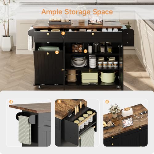 ComfyCorner 60\" Rolling Large Kitchen Island on Wheels with Extendable Table, Drop Leaf & Power Outlet, Mobile Kitchen Cart with Storage Cabinet, 2 Drawers, Spice Rack, Towel & Knife Holder, Black - Thumbnail 6