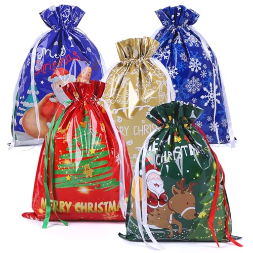 39 * 51cm Large Size Xmas Goody Gift Wrapping Bag, 5ps Christmas Drawstring Bags for Christmas Party-Snowflakes