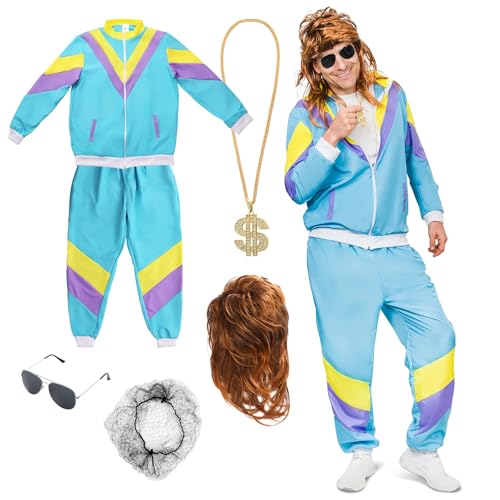 Festicy 80er Jahre Outfit Damen und Herren I Größe M mit 80er Jahre Accessoires I Retro Trainingsjacke Hose Vokuhila Perücke Goldkette und Sonnenbrille I New Kids Kostüm 2026