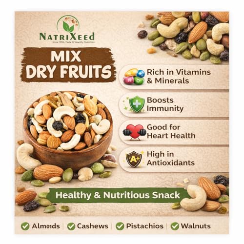 Image of NatriXeed Mix Dry Fruit 1kg | Healthy Mixed Dry Fruit Almonds, Black Raisins, Cashew Nuts, Yellow Dates and Many More | High Energy Dry Nut Snacks 1000gm | Festive Gift | Jar Pack 1000g