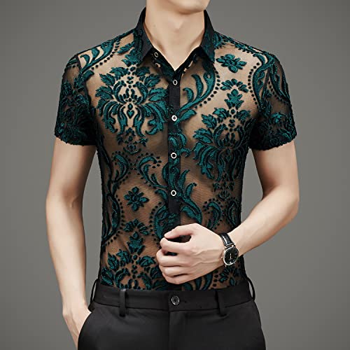 Men Women See Through Shirts Sexy Short Sleeve Night Club Fishnet Lace Shirt2