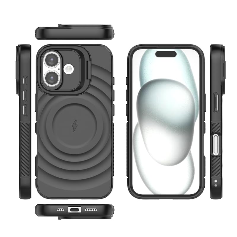 Image of LuxuryKase Shockproof Case for iPhone 16 Plus | Ripple Pattern | Camera Protection | Inner Velvet Fabric Lining | Protective Cover with Enhanced Grip & Wireless Charging Support - Black