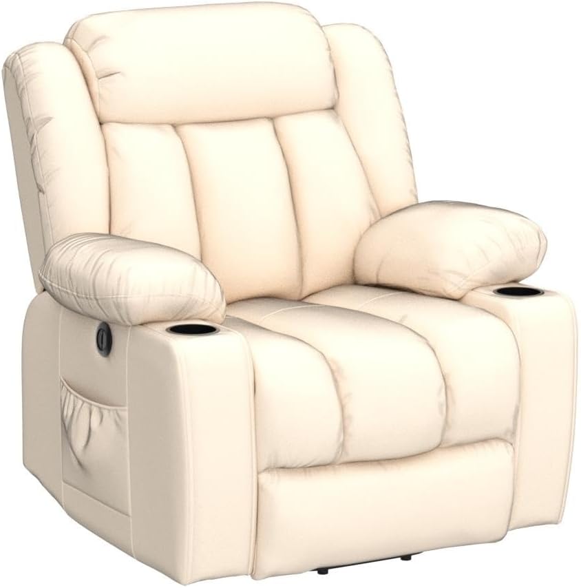 Side view of the recliner chair showing the side pocket and cup holder