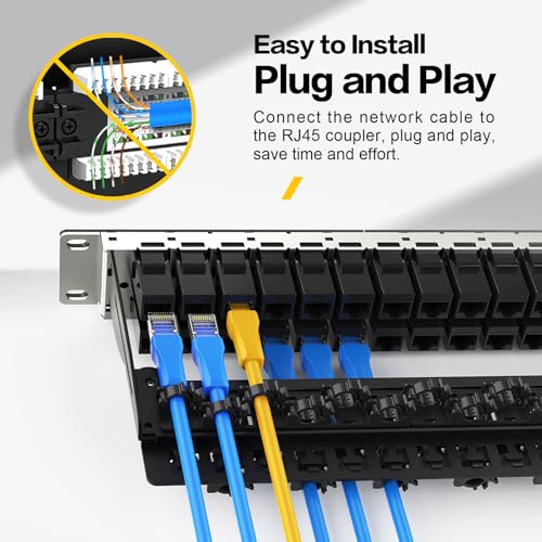 Image of Patch Panel 48 Port with Cat6A Keystone Jack【EC Listed】 UTP with Cable Management and Support Bar for 10 Gigabit Ethernet 110 or Krone Impact Tools Compatible(CAT6A,48Port