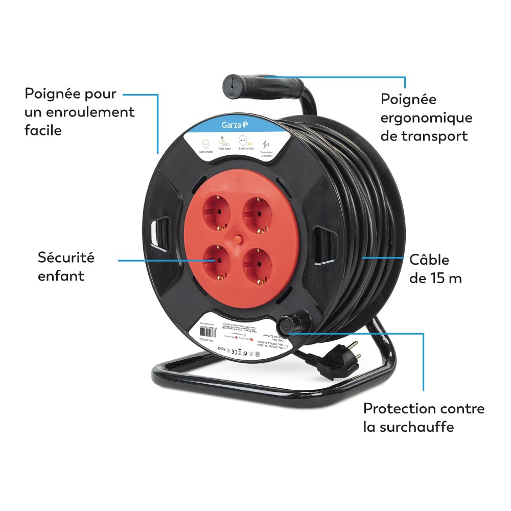 Garza - Enrouleur de câble 50 m, 4 prises avec mise à la terre, bricolage d'intérieur, couleur rouge et noir, protection contre les surtensions et la surchauffe, sécurité enfants