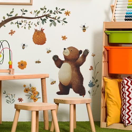 Vinilo decorativo oso marrón simpático acuarela para pared miniatura 6