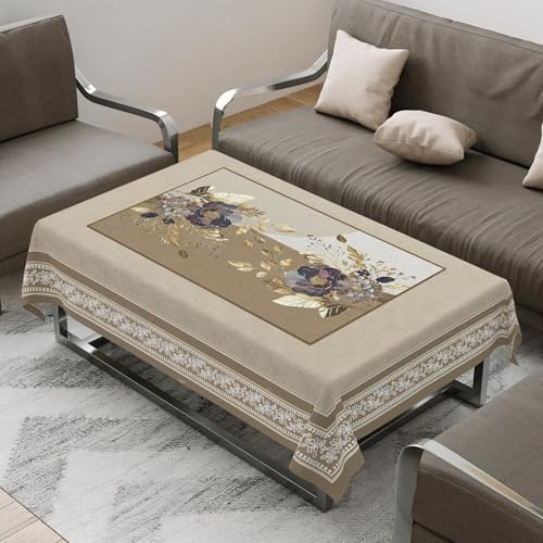 Image of Cloth Fusion Velvet Floral Centre Table Cover Cloth 4 Seater with Stunning Gold Foil Design for Home Decor (40x60 Inch, Taupe)