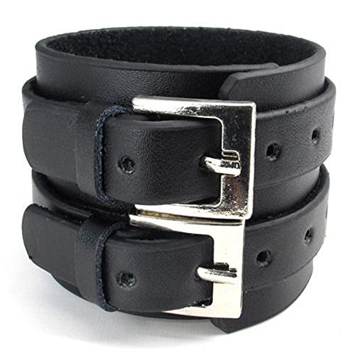 jonline24h Wide Genuine Leather Mens Bangle Cuff Bracelet, Punk Rock, Adjustable Fits 7" to 8.5", Black3