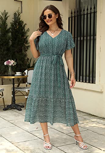 Image of Nemidor Plus Size Women Casual Maxi Dresses Print Bobo Belted Layered Chiffon Summer Long Dress with Ruffle Sleeve