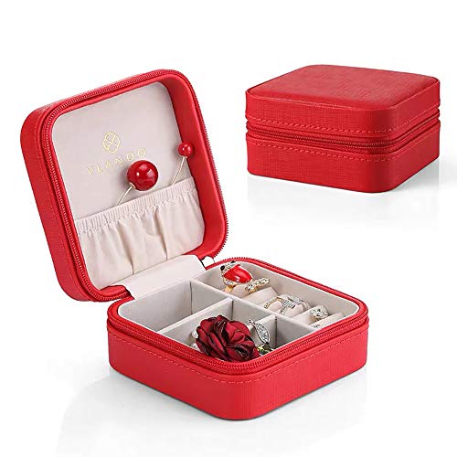 Vlando Small Faux Leather Travel Jewelry Box Organizer Display Storage Case for Rings Earrings Necklace, Christmas Red