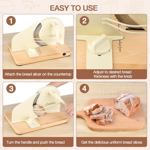 Manual Bread Slicer for Homemade Sourdough, Hand Crank Bread Cutter with Adjustable Thickness, Solid Wood Base & Suction Cup, Stainless Steel Blade, Scale Line Guide (Cream) by Olzeein - Used condition - Image 7