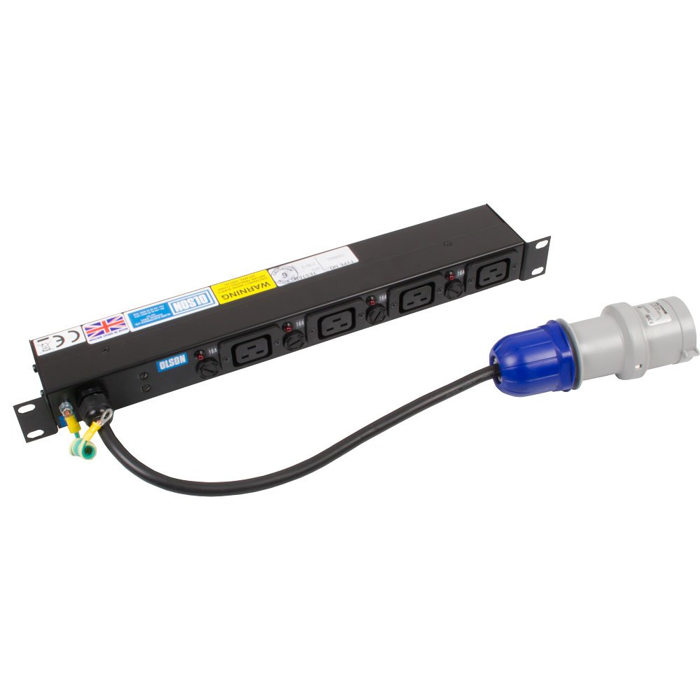 Olson Electronics 4 Way PDU 19" 1U 16A IEC C19 Sockets Individual Neon