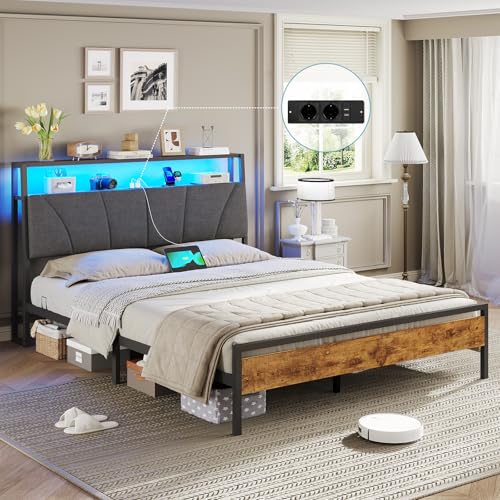 Brinlawb Bett 120x200 mit Lattenrost aus Metall, Bettgestell 120x200cm mit LED Beleuchtung Metallbett 120x200 cm mit Kopfteil & Ladestation(2 AC-Steckdosen&2 USB-Anschlüsse) jugendbett Doppelbett Brinlawb Bett 120x200 mit Lattenrost aus Metall, Bettgestell 120x200cm mit LED Beleuchtung Metallbett 120x200 cm mit Kopfteil & Ladestation(2 AC-Steckdosen&2 USB-Anschlüsse) jugendbett Doppelbett