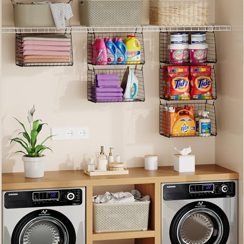 Image of Sonyabecca 3-Pack Hanging Laundry Baskets, Foldable Metal Wire Shelves with 360 Rotating Hooks, Space-Saving Over Washer /Dryer or Closet Storage for Laundry Room & Closet Organization, Black