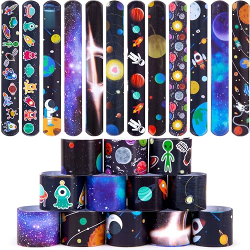 MCPINKY Slap Bracelets, 48PCS Kids Slap Wristbands with UFO Astronaut Space Stars Pattern Snap Bracelets for Party Favor New Year Gifts School Classroom Prize Exchange