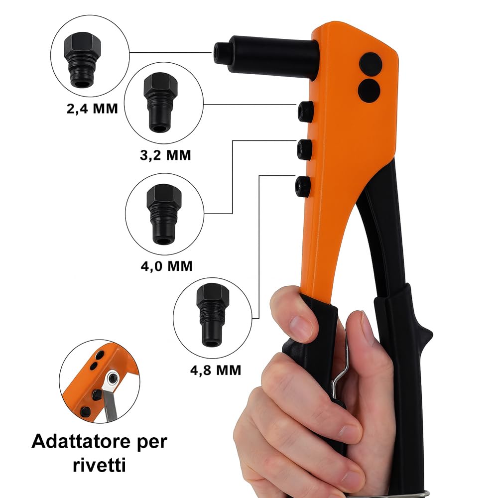 Rivettatrice Manuale Professionale in Acciaio | Impugnatura Ergonomica Antiscivolo con 4 Adattatori (2.4, 3.2, 4.0, 4.8 mm)